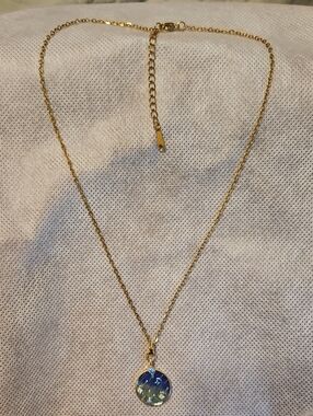 Gold Plated Women's Pendant Necklace with Blue-Green Enamel Accent